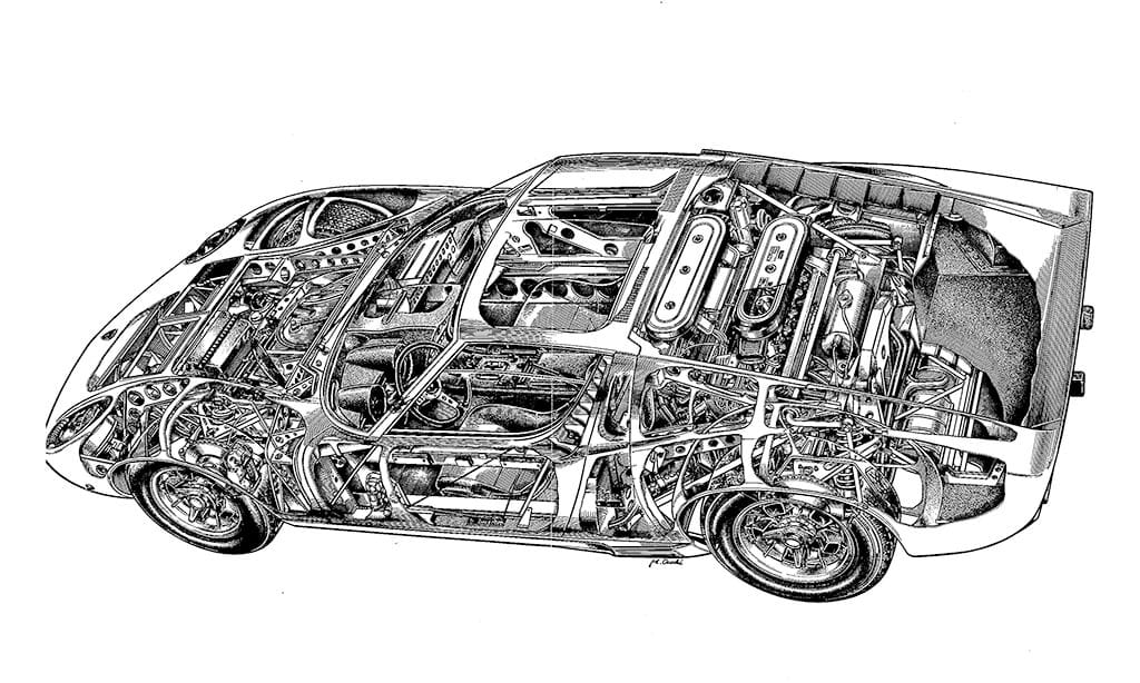 スーパーカーの定義を確定した名作 ランボルギーニ ミウラ の個性的なメカニズムに注目 世界の傑作車スケルトン図解 01 1 Carsmeet Web 自動車情報サイト Le Volant Carsmeet Web ル ボラン カーズミート ウェブ